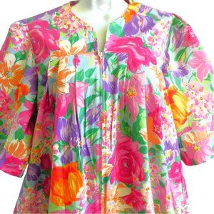 Vintage Ruth Norman New York House Dress Hawaiian Floral Muu Muu Talon Zip Pleat